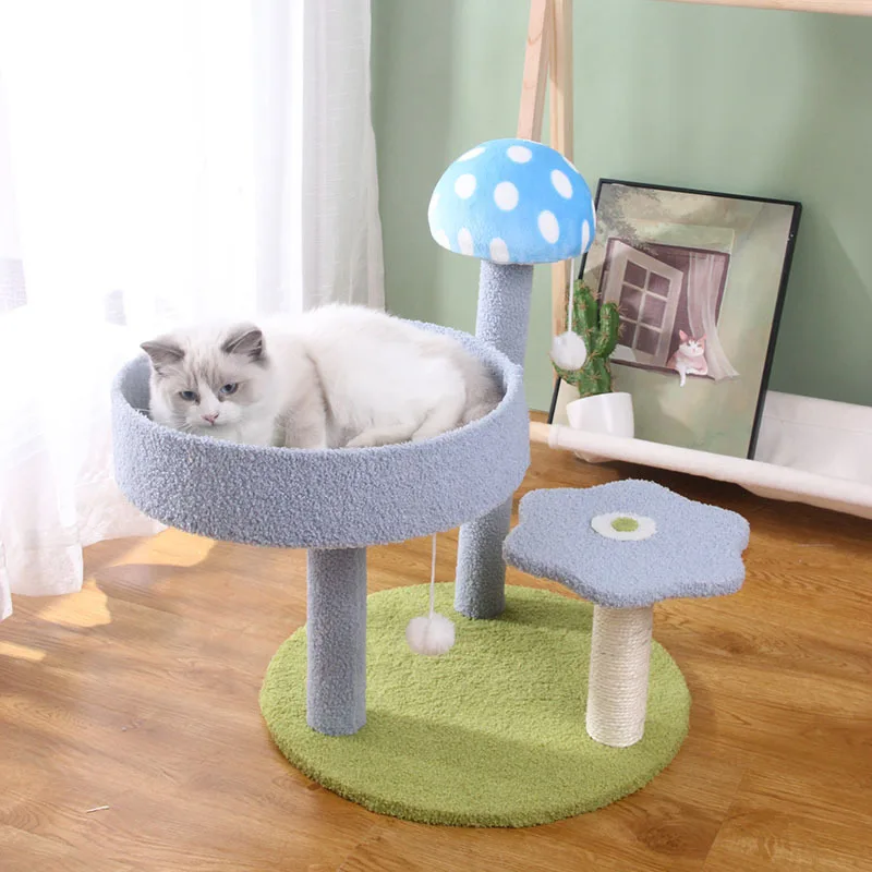 Arbre à Chat Compact Ludique avec Plateformes Vertes et Décoration Champignon – Image 3