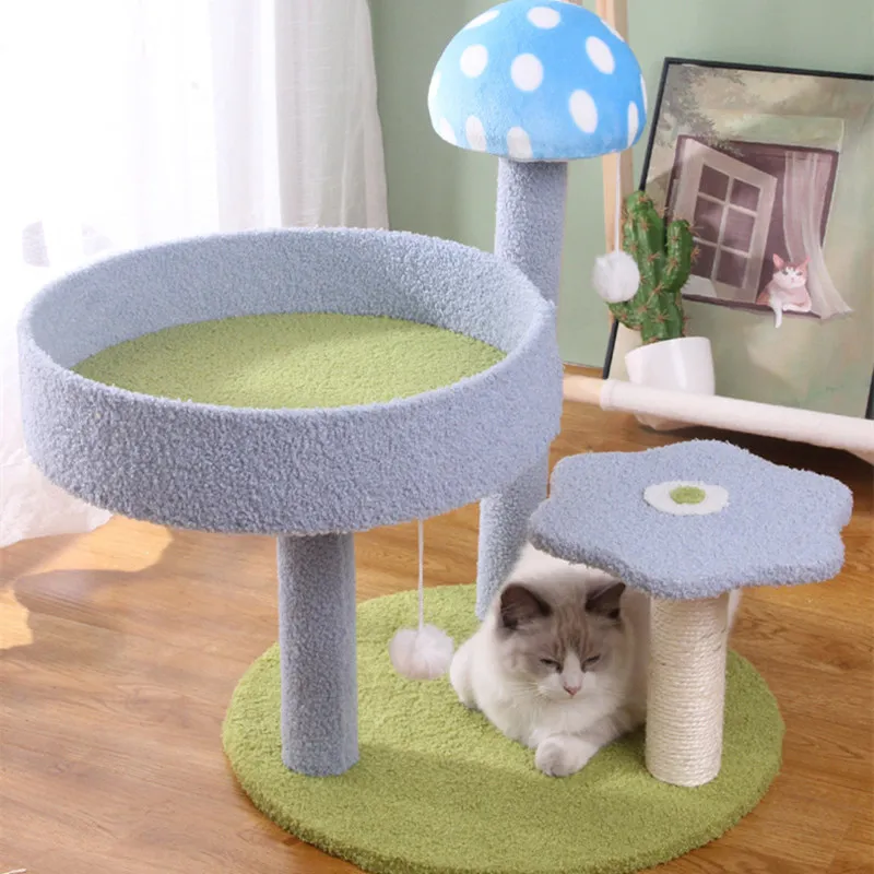 Arbre à Chat Compact Ludique avec Plateformes Vertes et Décoration Champignon – Image 4